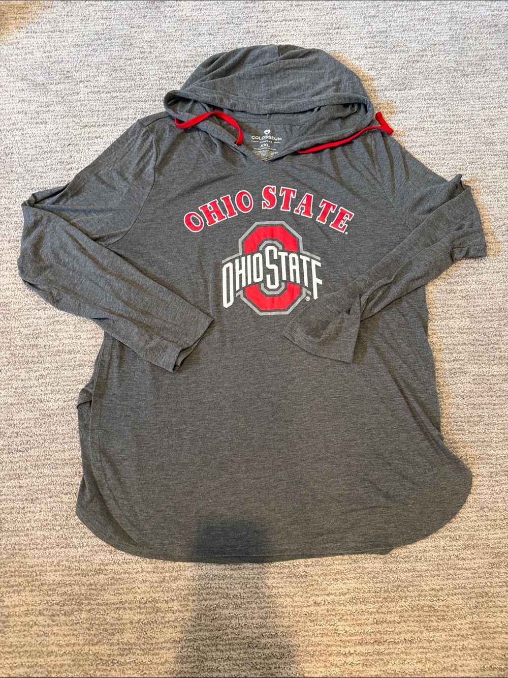 Ohio State Gray Hooded Long Sleeve Tee with Red Accents